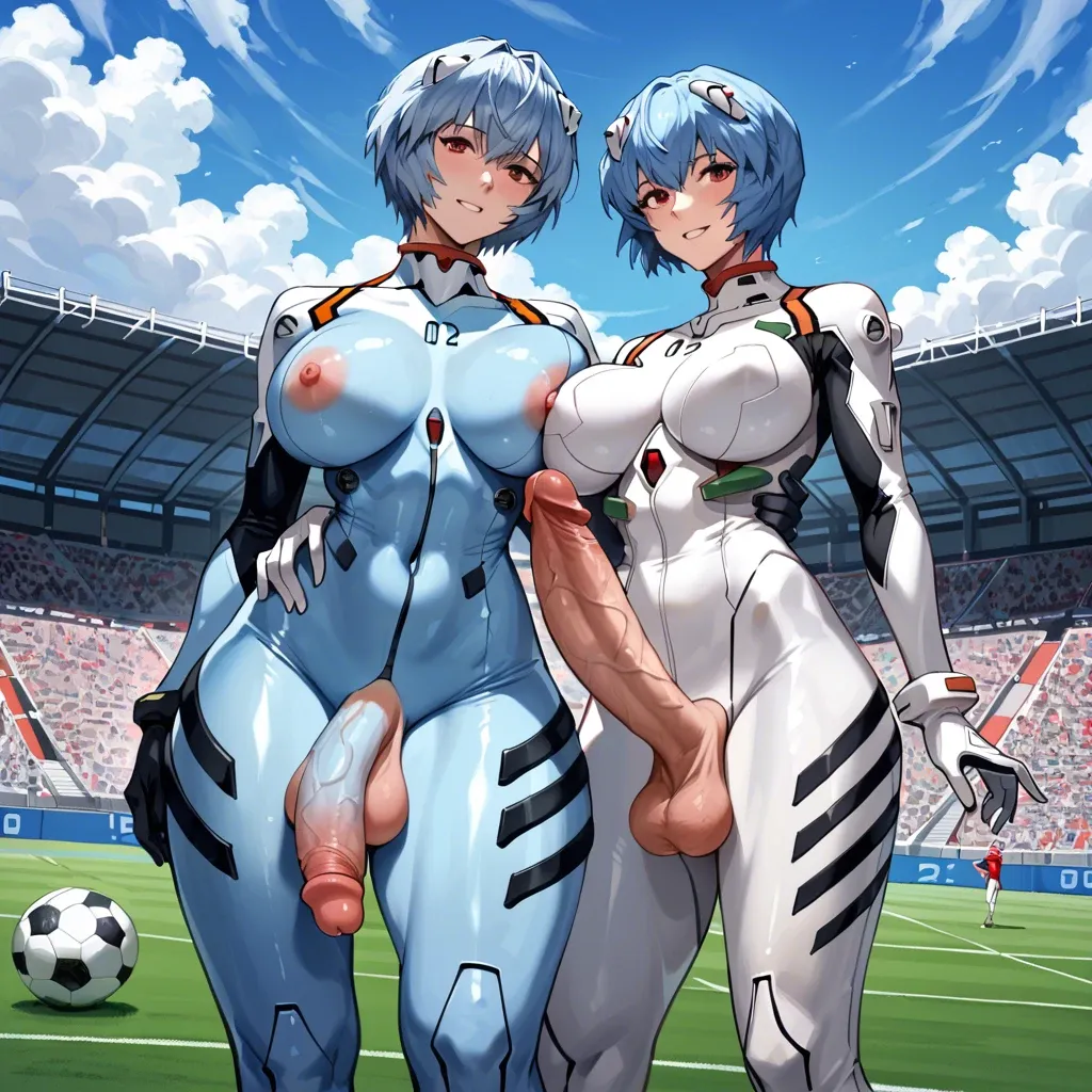 @ayanami rei, \(neon genesis evangelion\),twisted waist, breast, smile, blue hair, (white plugsuit bodysuit), 2futas, futanari, big penis,huge breasts, thick thighs, Football clothes, football, black lipstick,football Stadium, anal sex, from behind position, sex, domination, happy sex