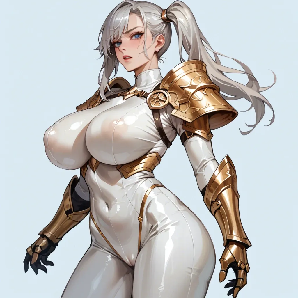 Korean girl, silver hair, side ponytail (left), blue eyes, huge breasts, wide hips, white latex suit, golden gauntlets, golden shoulder armor