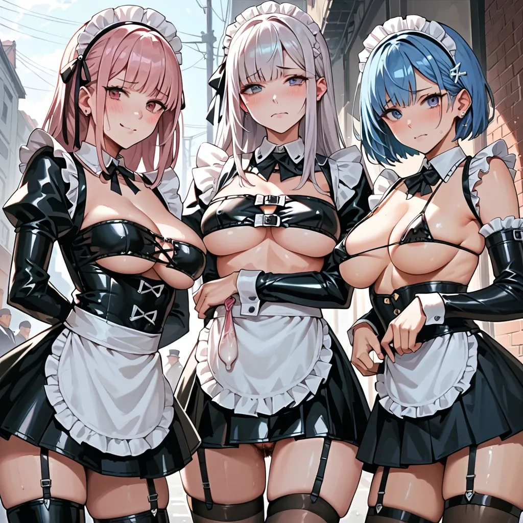 3 girls, Emilia in black latex catsuit prostituting Rem blue hair and Rem pink hair, anime, prostitute sluts, sad face, smiling, used condom in her garters, maid costume underboob, black leather micro skirt, leather garter belt,white latex long socks, black platform high heels boots, pubic hair, clitoris piercing, in a street