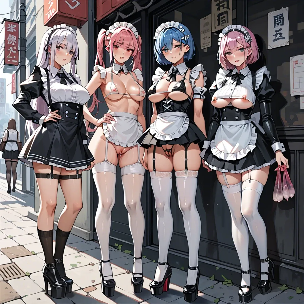 3 girls, Rem blue hair and Rem pink hair and Emilia, anime, prostitute sluts, prostituting themselves, used condom in her garters, maid costume underboob, black leather micro skirt, leather garter belt, white latex long socks, black platform high heels boots, pubic hair, clitoris piercing, view from back, anal plug, in a street