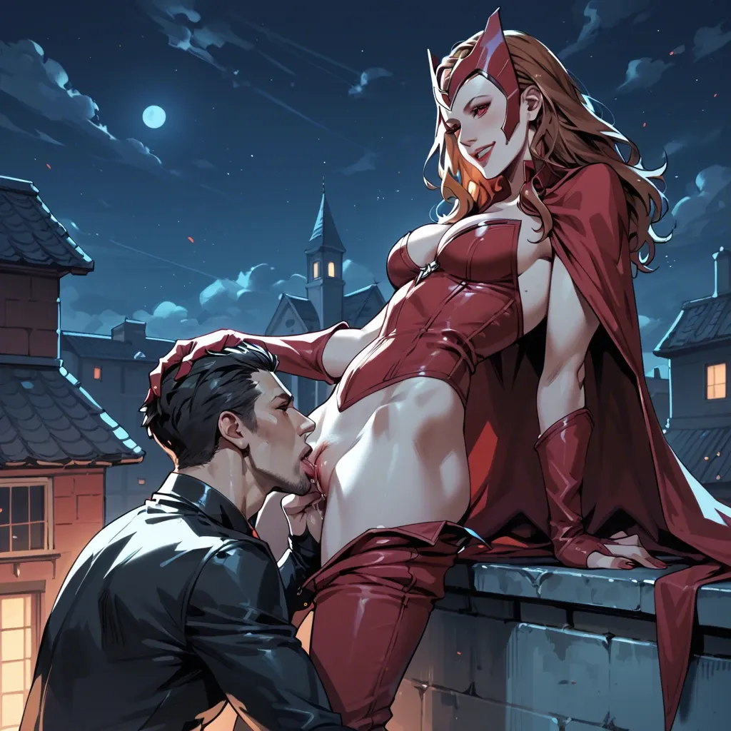 Smile Scarlet witch, red eyes, clothes, femdom, night, roof, pants, standing cunnilingus