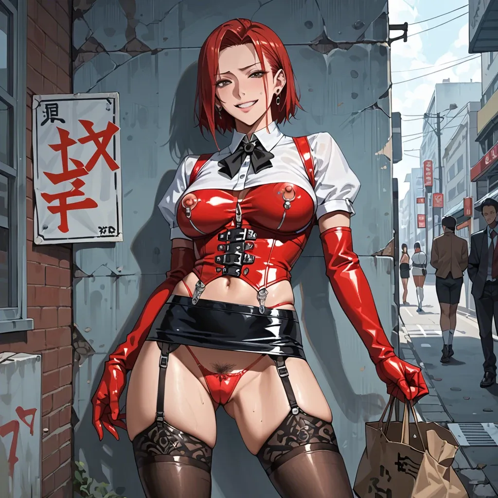 Akiza Izinski, anime,  prostitute slut, prostituting herself, smiling, white tight blouse underboobs, leather corset,  garter belt,  black latex long socks,  red latex micro skirt,  open crotch panties, nipple piercing, pubic hair, clitoris piercing, red platform high heels, in a street