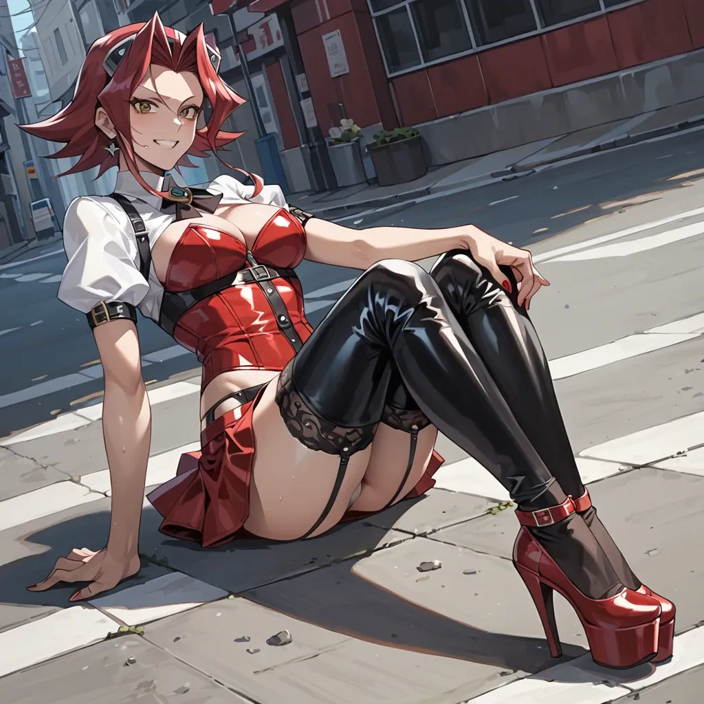 Akiza Izinski, yu-gi-oh anime, smiling, white tight blouse,  leather corset,  garter belt,  black latex long socks,  red latex micro skirt,  red platform highheels, in a street