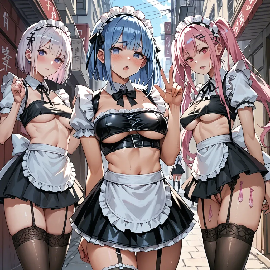 4 girls, Rem blue hair and Rem pink hair and Hinata Hyuuga and Emilia, anime, prostitute sluts, prostituting themselves, used condom in her garters, maid costume underboob, black leather micro skirt, leather garter belt,white latex long socks, black platform high heels boots, pubic hair, clitoris piercing, view from back, in a street