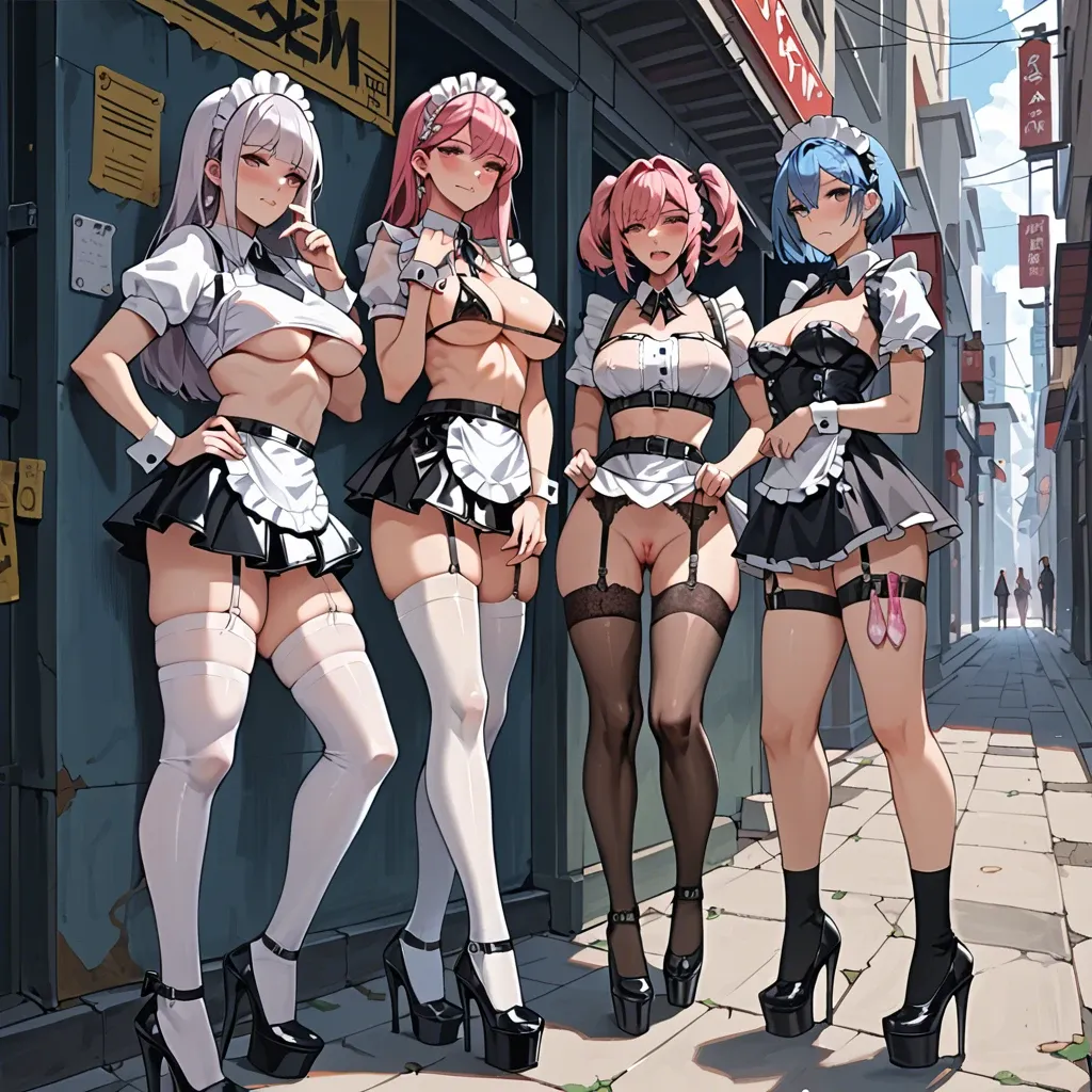 3 girls, Rem blue hair and Rem pink hair and Emilia anime, prostitute sluts, prostituting themselves, used condom in her garters, maid costume underboob, black leather micro skirt, leather garter belt,white latex long socks, black platform high heels boots, pubic hair, clitoris piercing, view from back, in a street