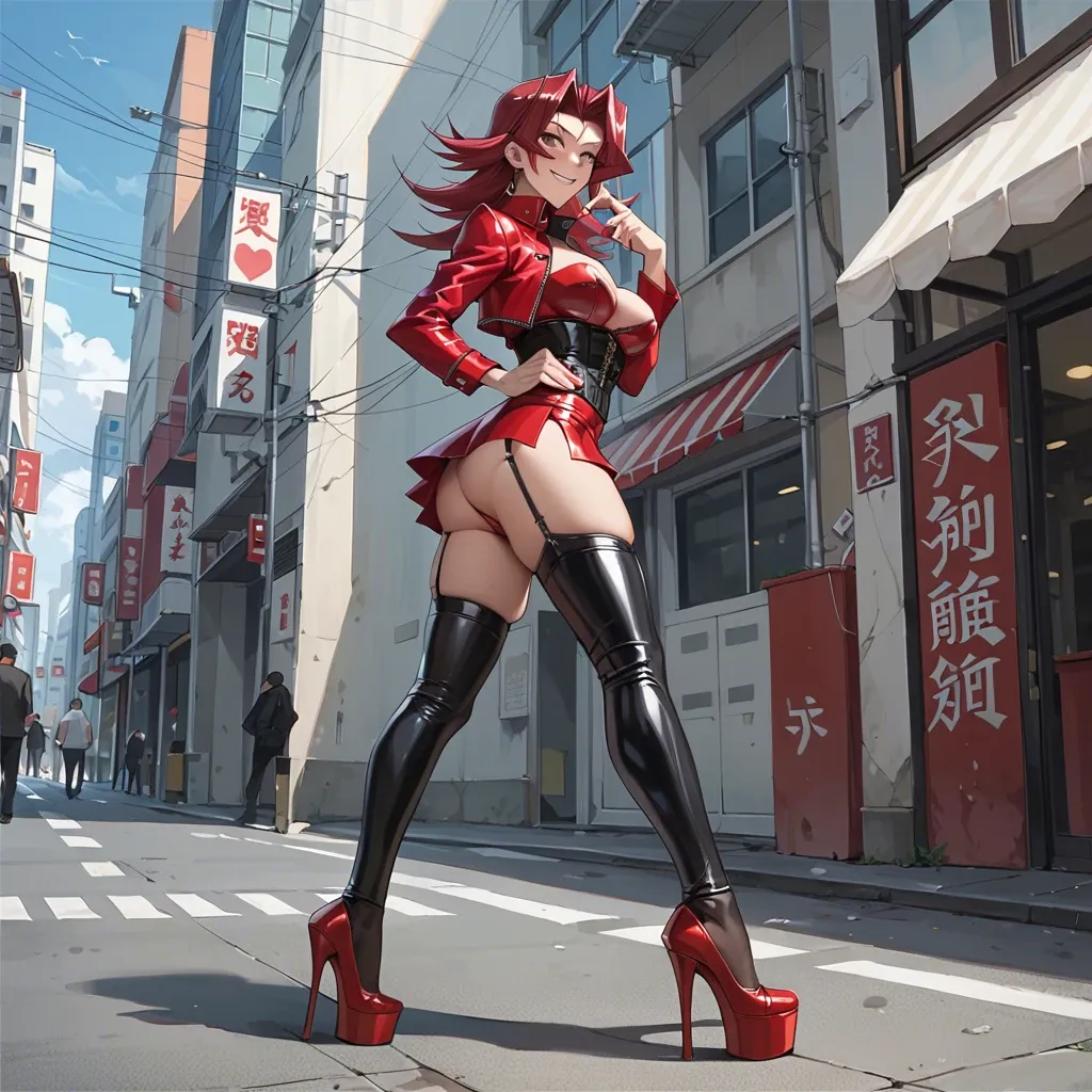 Akiza Izinski, yu-gi-oh anime, smiling, white tight blouse,  leather corset,  garter belt,  black latex long socks,  red latex micro skirt,  red platform highheels, in a street