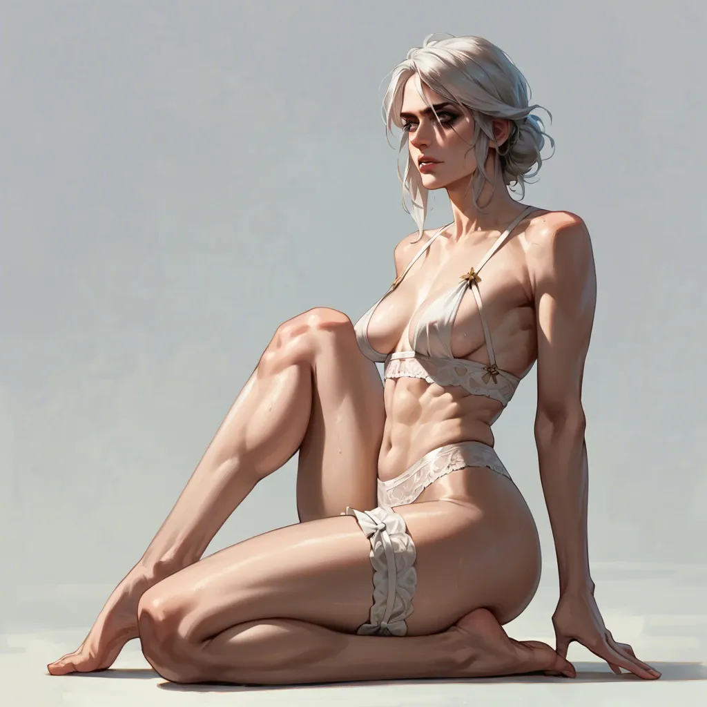 Ciri, bare, wide hips, athletic legs, bare belly, long legs, big perky perfect tits, perfect boobs, one boob top, seductive face, front view from side, pubic hair, hips garter, dominating pose,