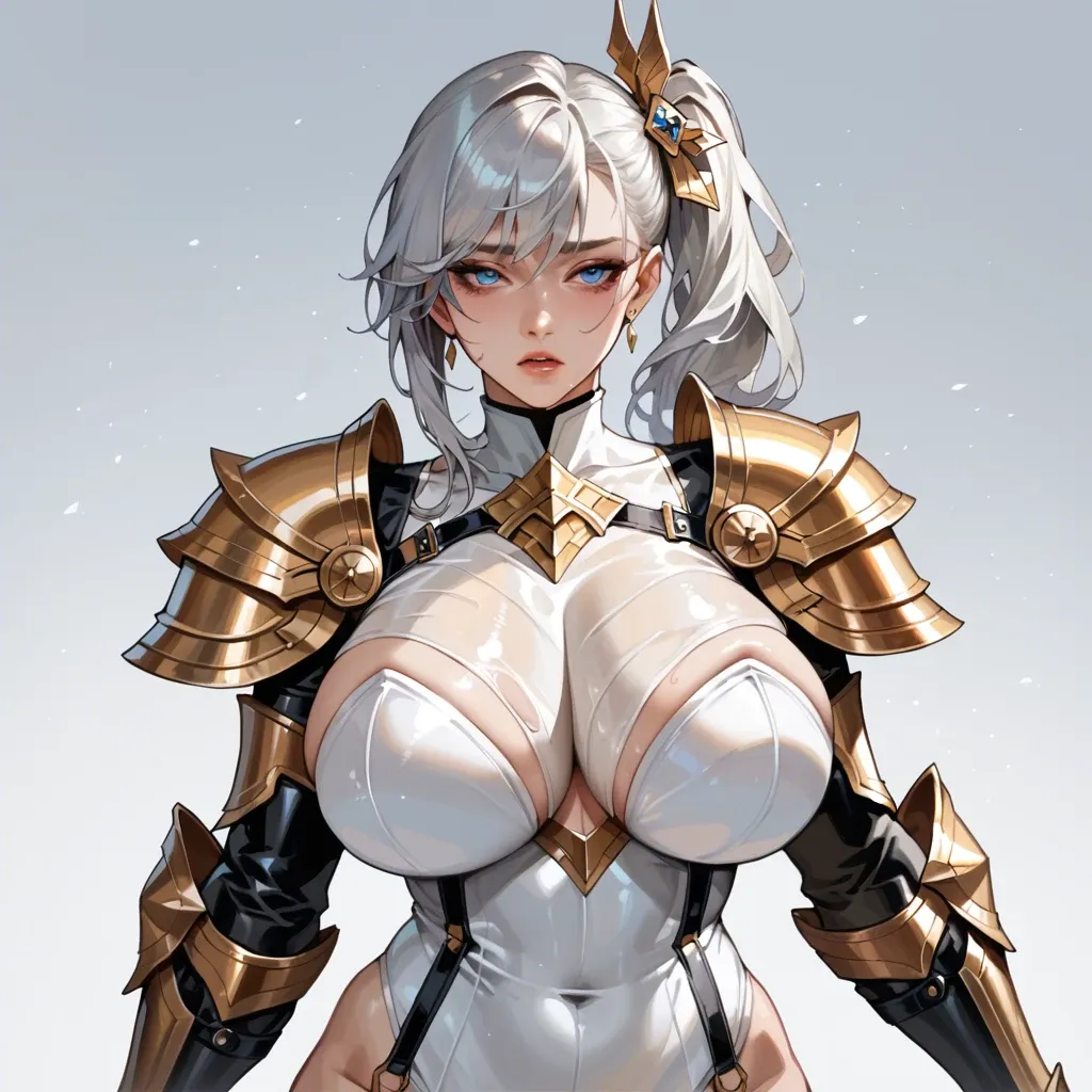 Korean girl, silver hair, side ponytail (left), blue eyes, huge breasts, wide hips, white latex suit, golden gauntlets, golden shoulder armor