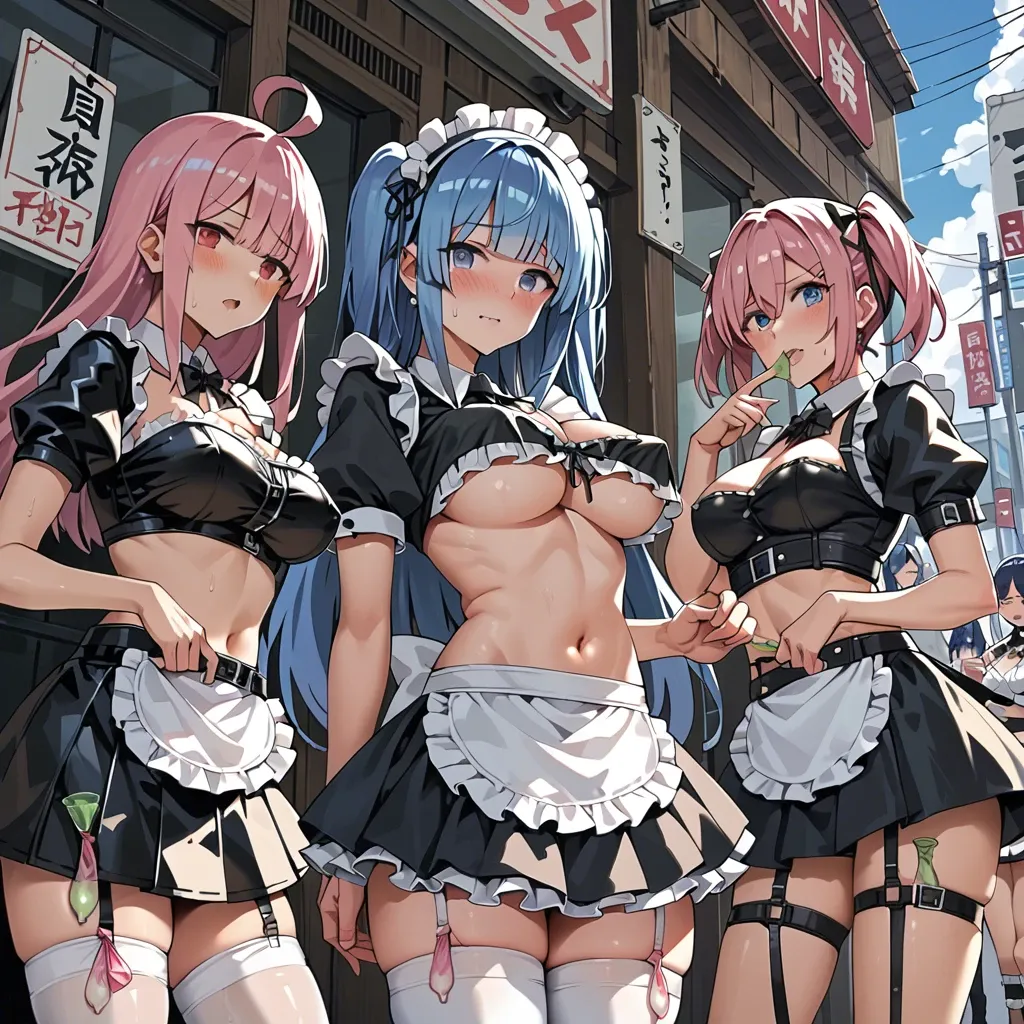 4 girls, Rem blue hair and Rem pink hair and Hinata Hyuuga and Hanabi Hyuuga, anime, prostitute sluts, prostituting themselves, used condom in her garters, maid costume underboob, black leather micro skirt, leather garter belt,white latex long socks, black platform high heels boots, pubic hair, clitoris piercing, view from back, in a street