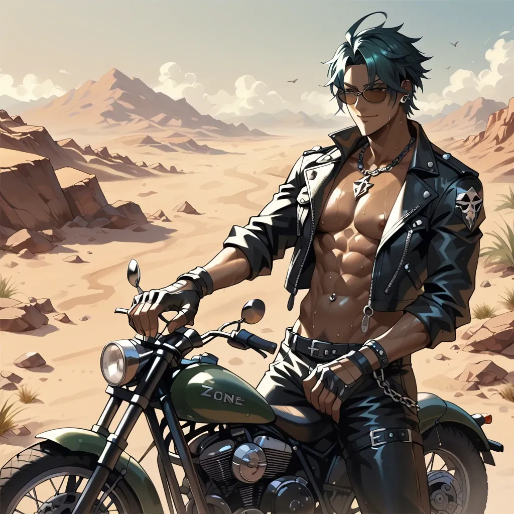 Zenless Zone Zero, Lighter Letonze, Lighter, Biker, Male, Anime, Anime Style, leather, Desert, Apocalyptic, Sweaty, charming, smile, cool, piercings, sunglasses, dark teal hair