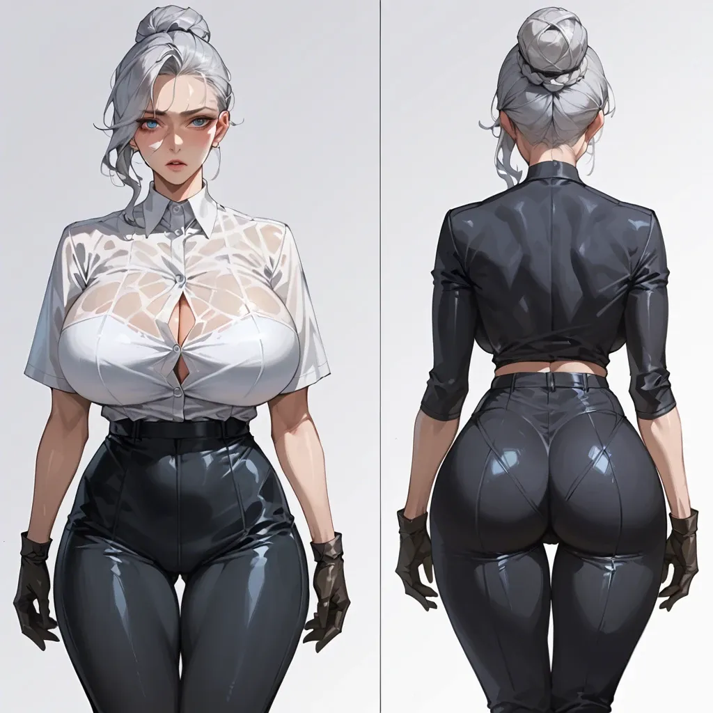 Korean girl, silver hair, bun, blue eyes, huge breasts, wide hips, white shirt, black gloves, black tight pants