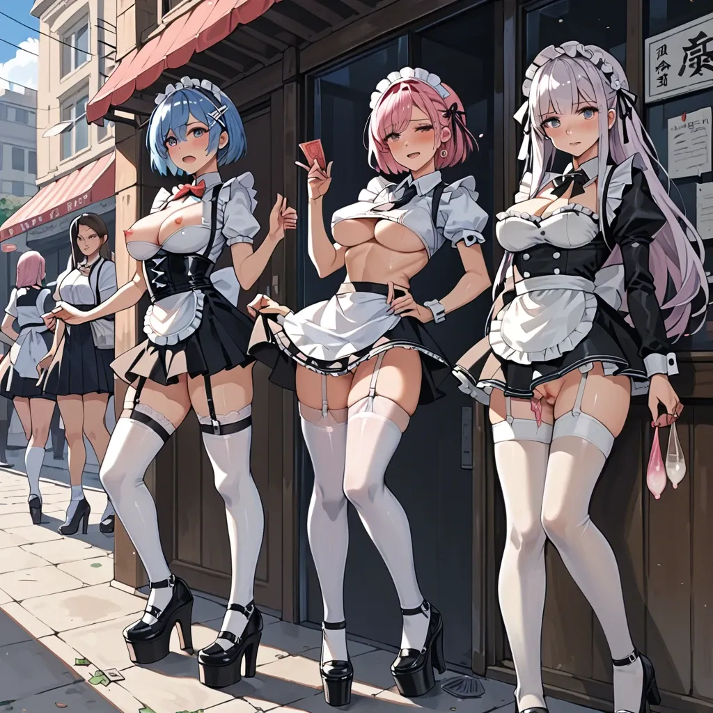 3 girls, Rem blue hair and Rem pink hair and Emilia, anime, prostitute sluts, prostituting themselves, used condom in her garters, maid costume underboob, black leather micro skirt, leather garter belt, white latex long socks, black platform high heels boots, pubic hair, clitoris piercing, view from back, anal plug, in a street