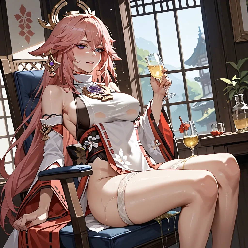 Yae Miko , Genshin Impact , sits on a chair , urinates in a glass