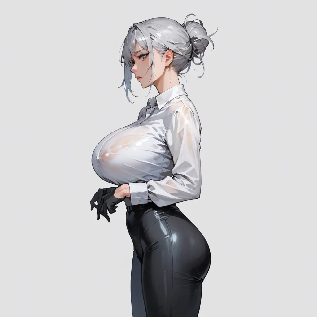 Korean girl, silver hair, bun, blue eyes, huge breasts, white shirt, black gloves, black tight pants, standing