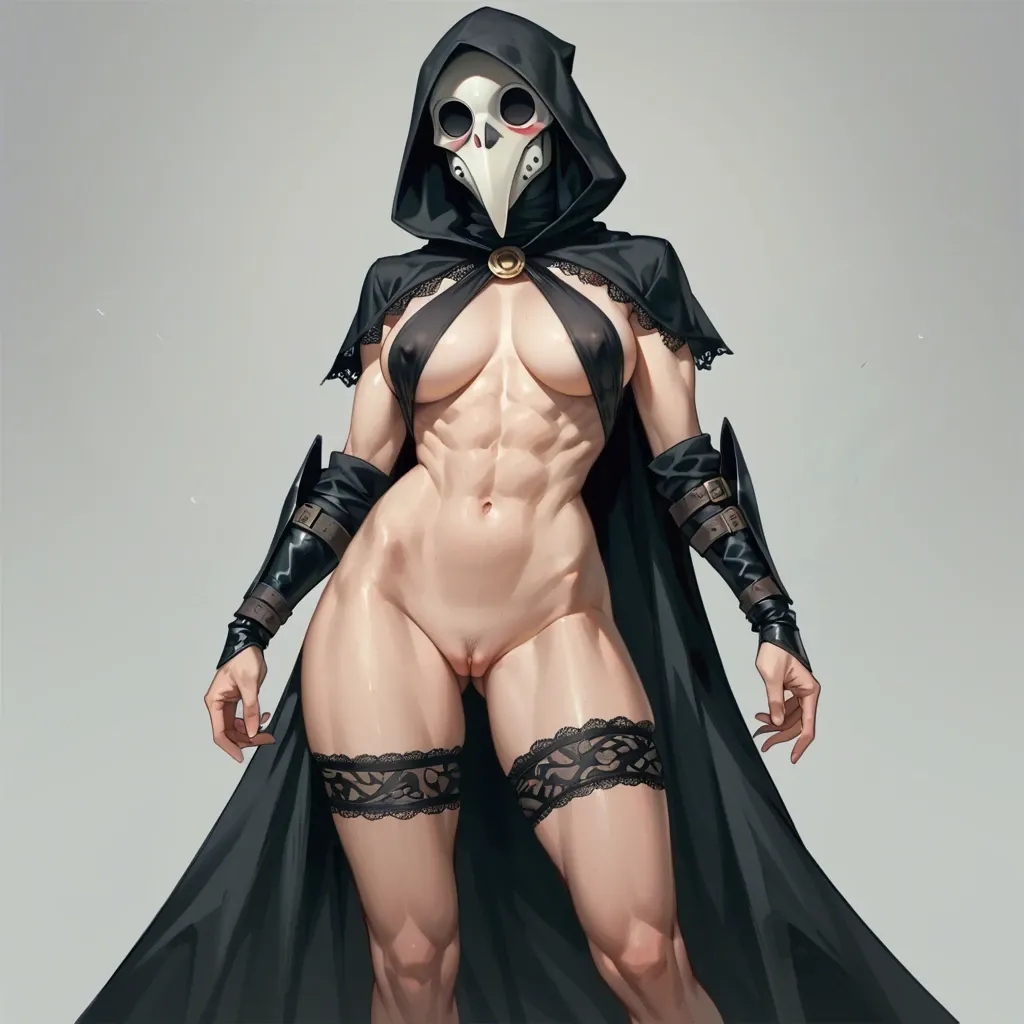 Hood, lace cape, bare, wide hips, athletic legs, bare belly, long legs, big perfect tits, perfect boobs, one boob top, seductive face, front view from side, shaved pussy, hips garter, dominating pose, plague doctor