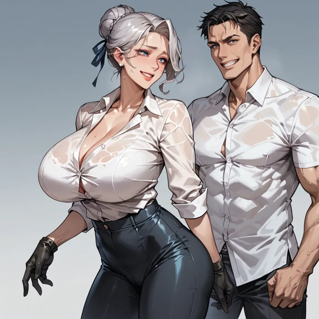 Korean milf, silver hair, bun, blue eyes, huge breasts, white shirt, black gloves, black tight pants, smiling, confidence, standing