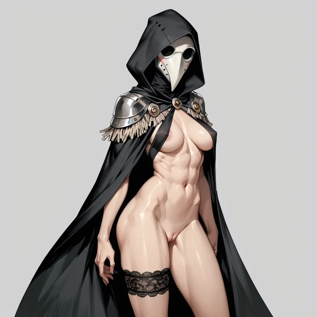 Hood, lace cape, bare, wide hips, athletic legs, bare belly, long legs, big perfect tits, perfect boobs, one boob top, seductive face, front view from side, shaved pussy, hips garter, dominating pose, plague doctor