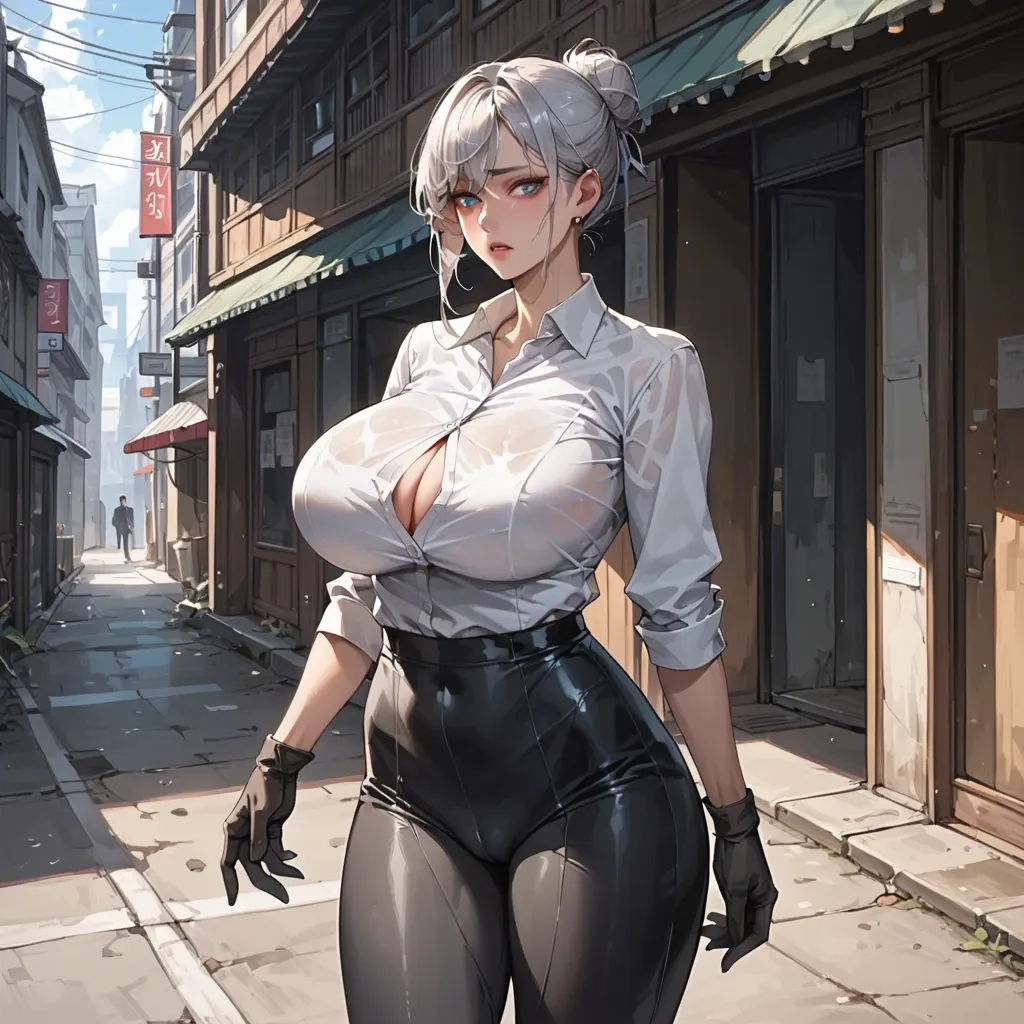 Korean girl, silver hair, bun, blue eyes, huge breasts, white shirt, black gloves, black tight pants, standing