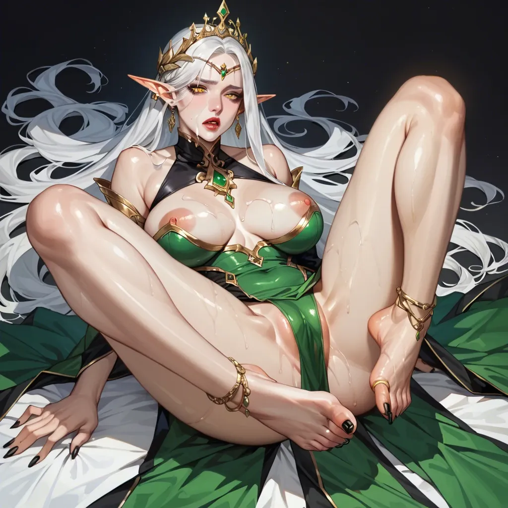 Thick, voluptuous, sexy, mature, elf queen, with long white hair, pristine white skin, yellow eyes, long pointed ears, glossy oiled perfect feet,  black painted nails, wearing a revealing green dress, jewelry, and a golden jeweled crown, fucked hard in missionary sex, by a human prince, in her bed chamber, after losing a war, with used condoms  everywhere, toes curling, orgasming hard,