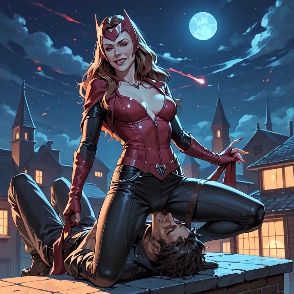 Smile Scarlet witch, femdom, night, roof, pants, facesitting