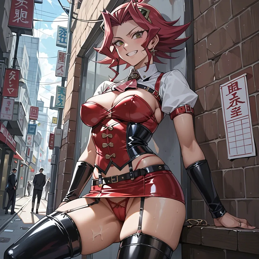 Akiza Izinski, yu-gi-oh anime,  prostitute slut in sexy pose, prostituting herself, smiling, white tight blouse underboobs, leather corset,  garter belt,  black latex long socks,  red latex micro skirt,  open crotch panties, nipple piercing, pubic hair, clitoris piercing, red platform high heels, in a street