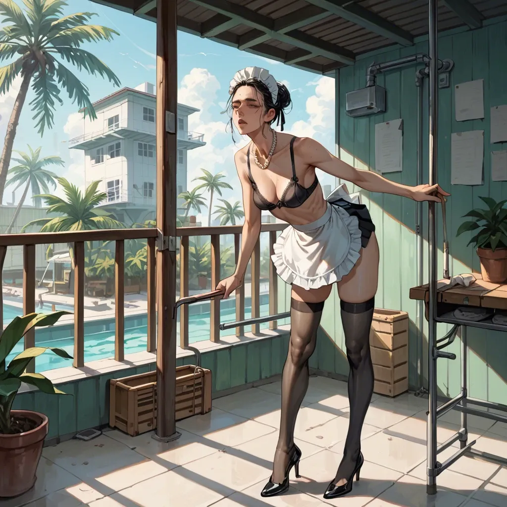 2girl, , , , light freckles,palm tree,saggy breast,cabin,pearl necklace, tight skirt,thighhighs,maid hat,pulled bra,ballet shoes, school bathroom, gardens, cyberpunk, cyborg girl, cyborg girl, anime, dimmed lights, link, rapunzel waifu