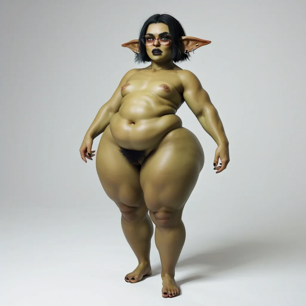 3d, goth goblin, flat chest, hyper lips, (hyper pumped pussy), obese, round black glasses, dark green skin, red eyes, hyper thighs, naked, black lipstick, (pubic hair trail to belly button)