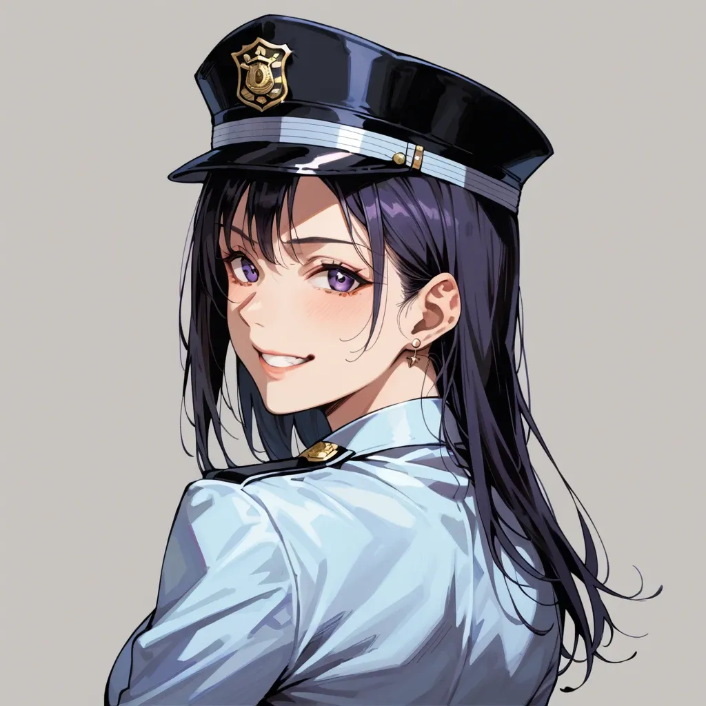 1girl,shibuya_kanon\(love_live!\),happy smile, purple_eyes,looking at viewer, Japanese Police_officer,Bowler Hat, high_back hat, cockade,  Shibuya_ Public_Hall,upper body