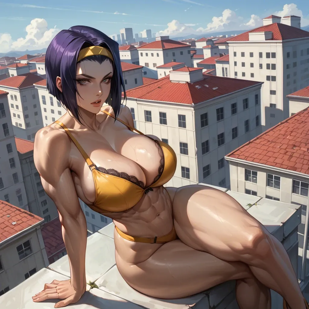 1 girl, faye valentine, bra, seductive face, marked pupils, sitting on the edge of building, rooftop, do not show hands, abs, massive ass, huge breast, ultra High definition, close up upper body