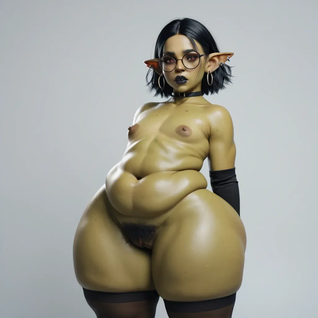 3d, goth goblin, flat chest, hyper lips, (hyper pumped pussy), obese, round black glasses, dark green skin, red eyes, hyper thighs, naked, black lipstick, (pubic hair trail to belly button)