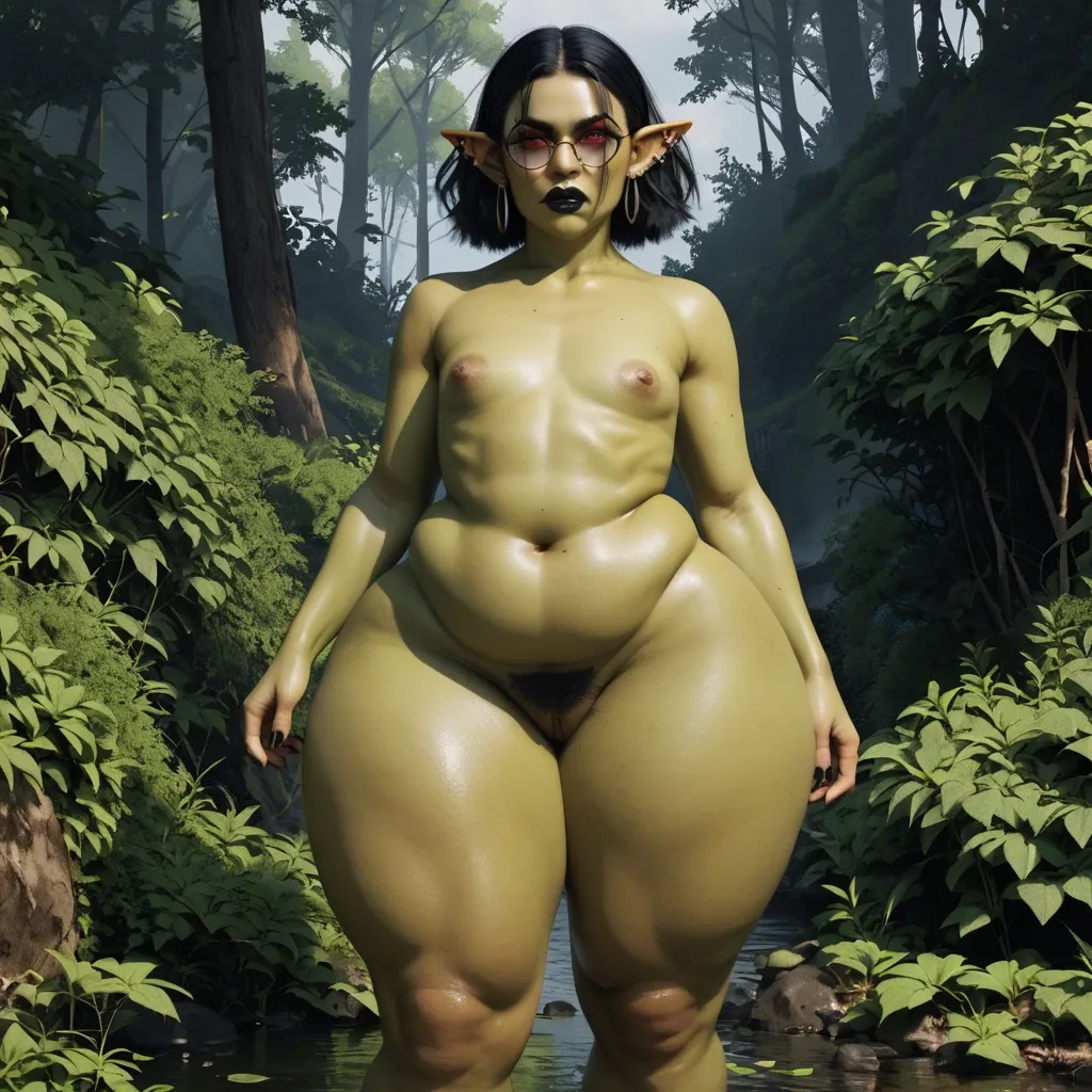 3d, goth goblin, flat chest, hyper lips, (pubic hair bush up to bellybutton), obese, round black glasses, dark green skin, red eyes, hyper thighs, naked, black lipstick