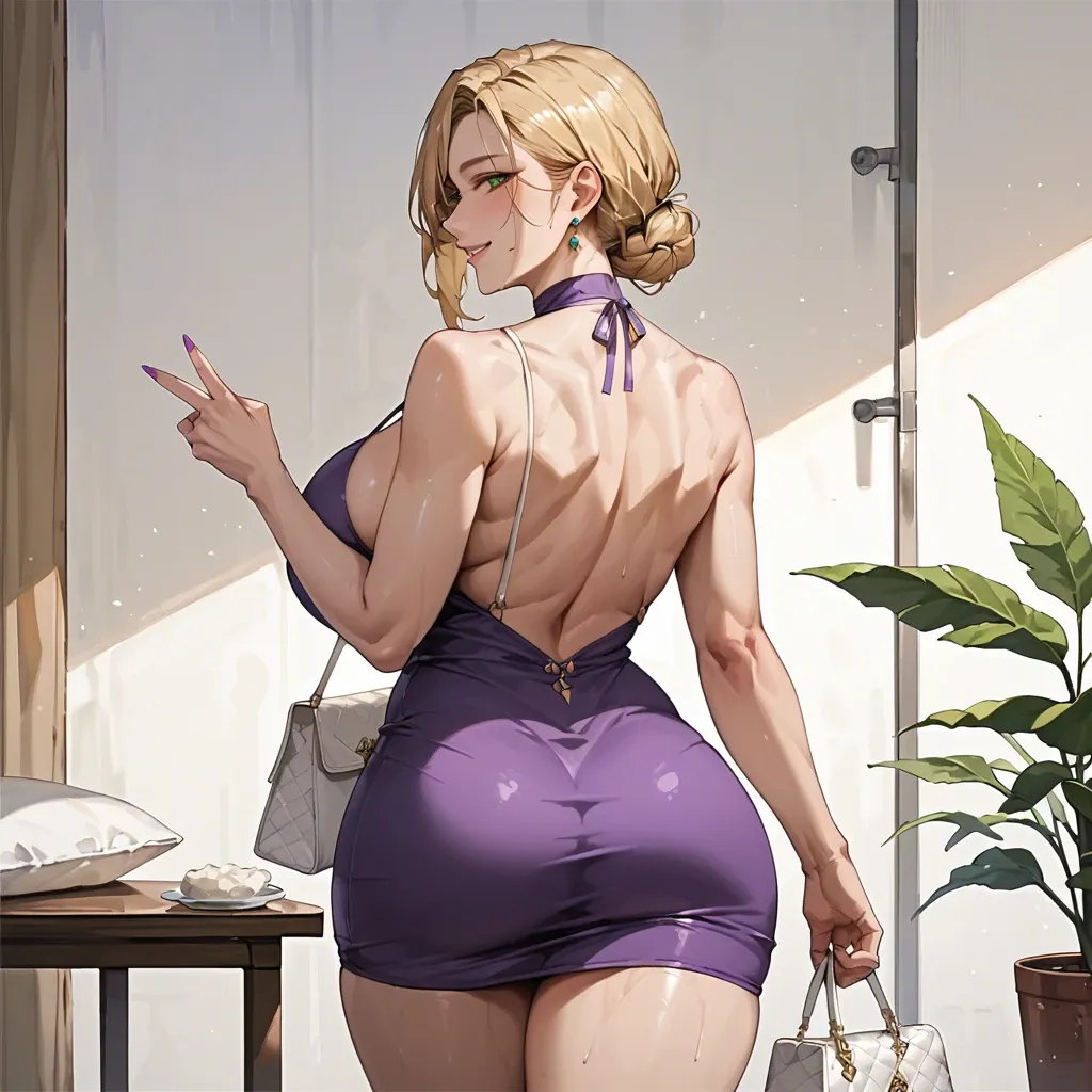 Korean milf, side braid, blonde, green eyes, massive breasts, wide hips, big thighs, purple mini dress, back view, smiling, white purse, bye bye gesture, standing, leaving, massage parlor