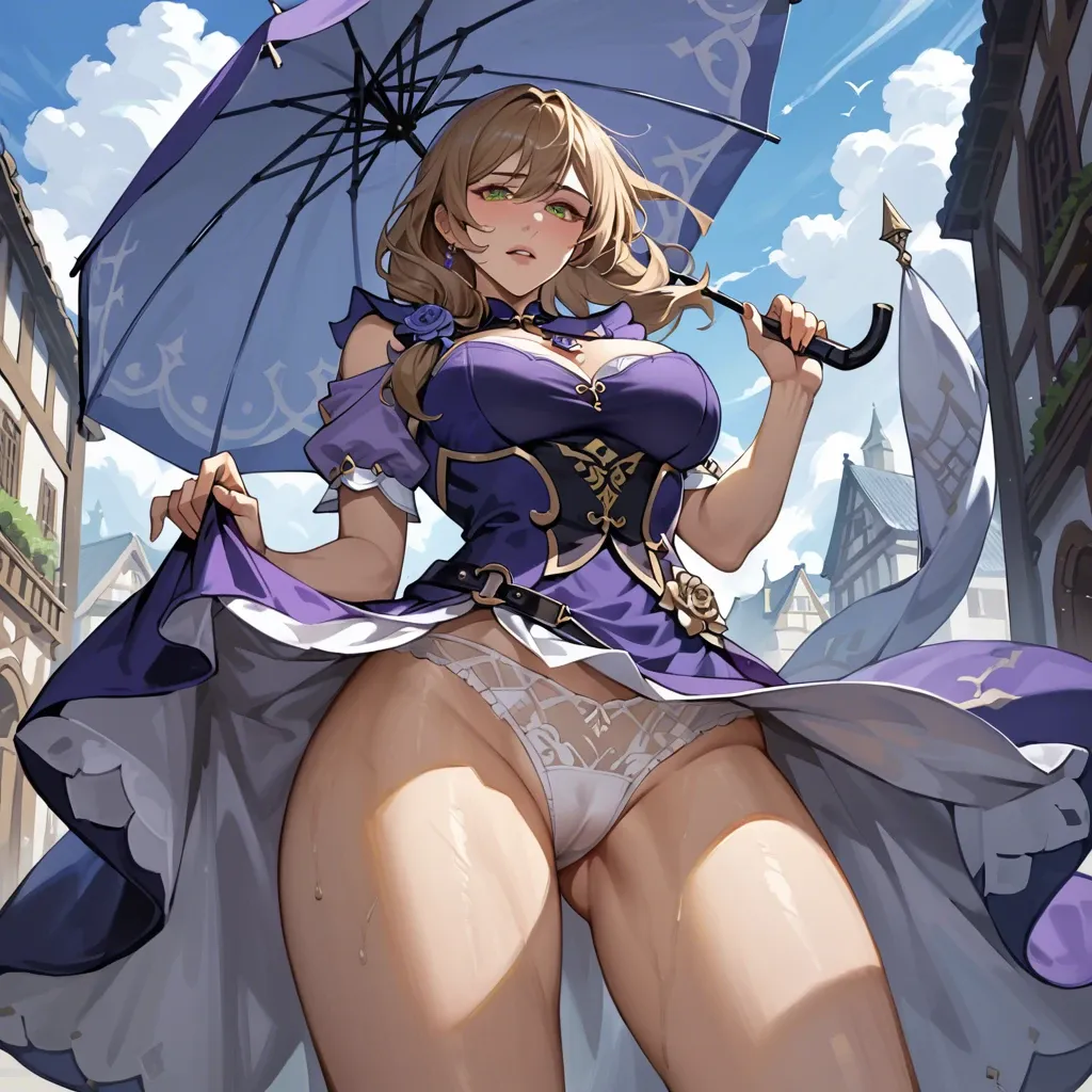 Lisa from Genshin Impact is dressed in a purple dress, posing outside with an umbrella in her hands, the wind blowing the hem of her dress revealing a view of the white panties underneath