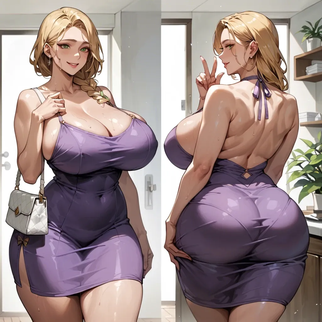 Korean milf, side braid, blonde, green eyes, massive breasts, wide hips, big thighs, purple dress, back view, smiling, white purse, bye bye gesture, standing, leaving, massage parlor