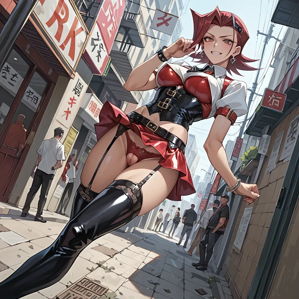 Akiza Izinski, yu-gi-oh anime, prostitute slut in sexy pose, prostituting herself, smiling, white tight blouse underboobs, leather corset,  garter belt,  black latex long socks,  red latex micro skirt,  open crotch panties, nipple piercing, pubic hair, clitoris piercing, red platform high heels, in a street