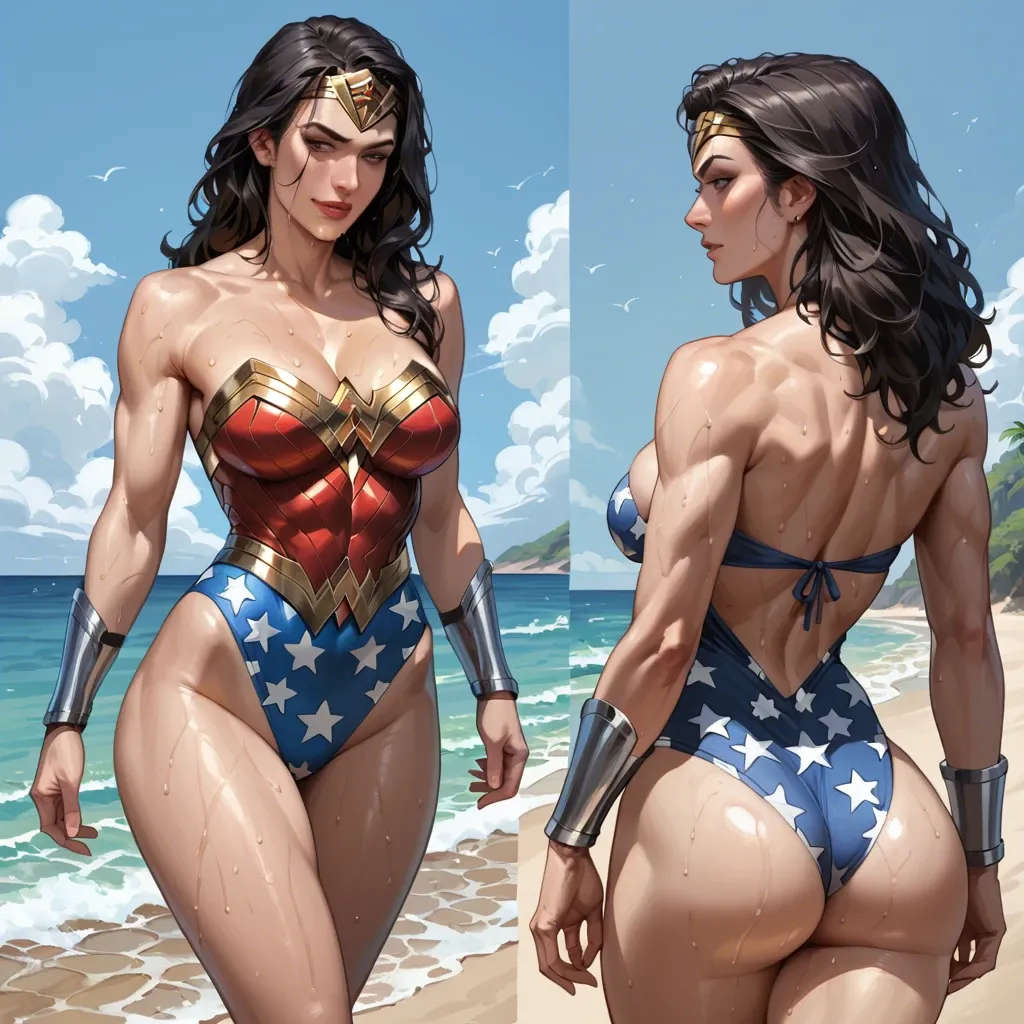 wonder woman in beach, bubble butt, tight clothes, sweating, cleavage, naughty face, curvy