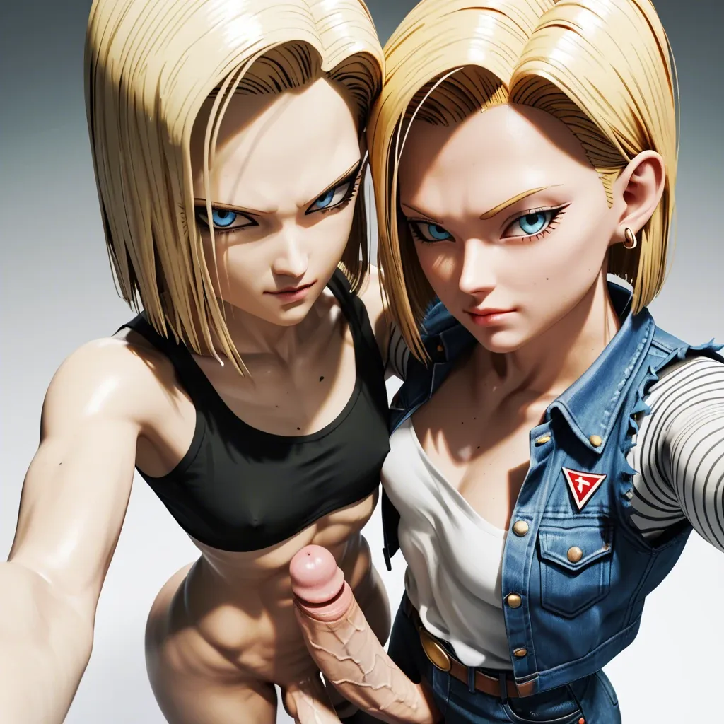 2femboy, 1monster,3d,android 17 (dragon ball z), android 18,blonde,collaborative,veiny penis ,only futa,partially clothed,high angle selfie,flat chest,looking at viewer,