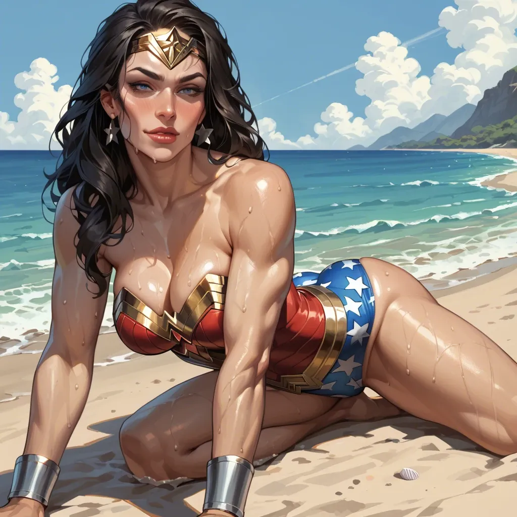 wonder woman in beach, bubble butt, tight clothes, sweating, cleavage, naughty face