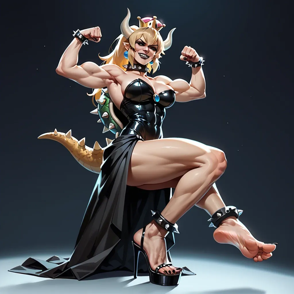 Bowsette,very muscular woman,flexing,black makeup,black lips,sharp toenails, long toe nails, clawed feet,spiked collar,spiked anklets,standing,smirk,dominatrix,foot focus,looking down at viewer,high heels claws, throne