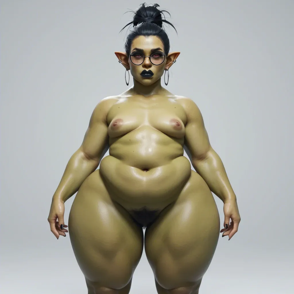 3d, goth goblin, flat chest, hyper lips, (pubic hair up to bellybutton), obese, round black glasses, dark green skin, red eyes, hyper thighs, naked, black lipstick