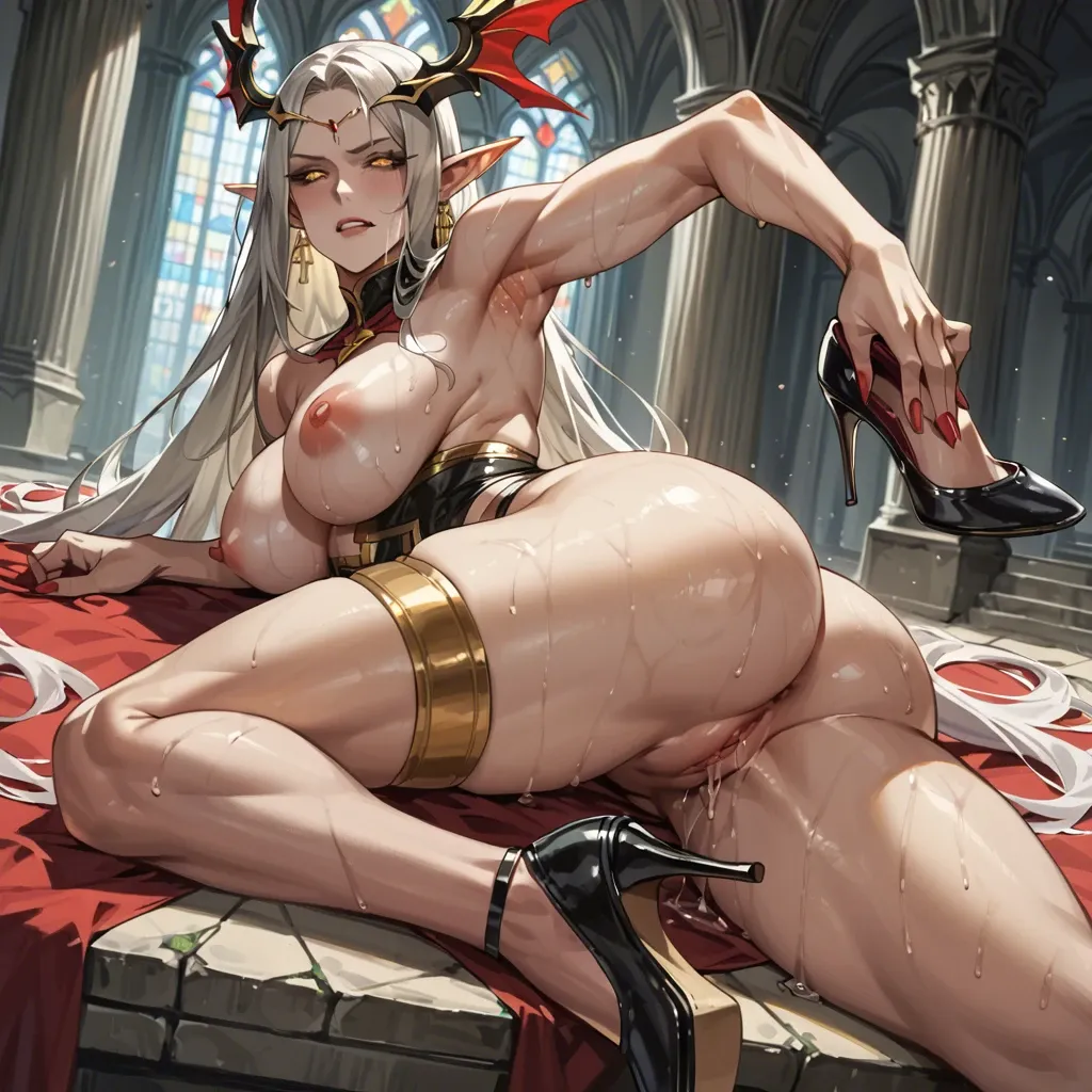 Empress Elf gold eyes black sclera sweaty athletic abs thigh band high heels large breasts pussy juice one leg raised castle interior armpit focus detailed armpit naughty face rear view detailed back from behind from below ribs large ass lying on stomach