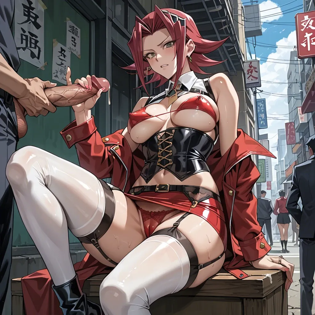 Akiza Izinski, yu-gi-oh anime, prostitute slut, prostituting herself, handjob, white tight blouse underboobs, leather corset,  garter belt,  black latex long socks,  red latex micro skirt,  open crotch panties, nipple piercing, pubic hair, clitoris piercing, red platform high heels, in a street