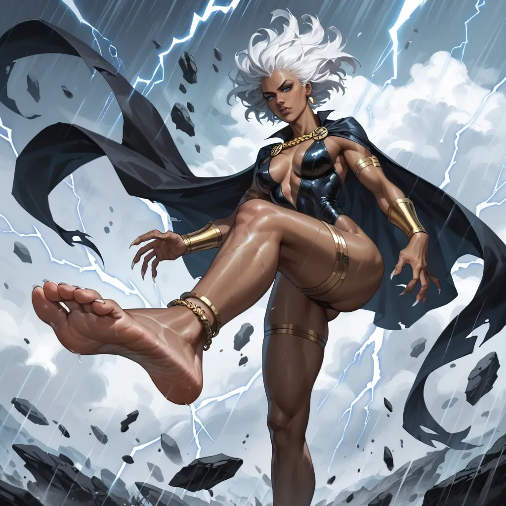 ororo munroe, sharp toe nail,long toe nails, clawed feet, anklets,african woman,white hair,blue eyes,x-men,storm/lightning powers,floating,standing,foot focus,black thigh suit,cape,white toenails,long hair,foot fetish,perfect ass.