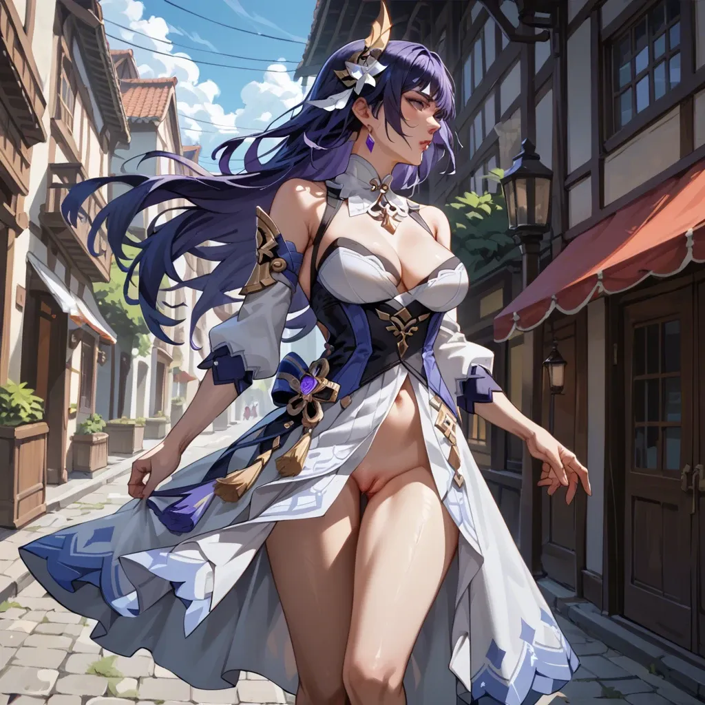 Raiden from Genshin Impact, she is walking down the street in a long white dress on her naked body, a strong wind blows the dress up revealing a view of her pussy, she tries to pull the dress down with her hands