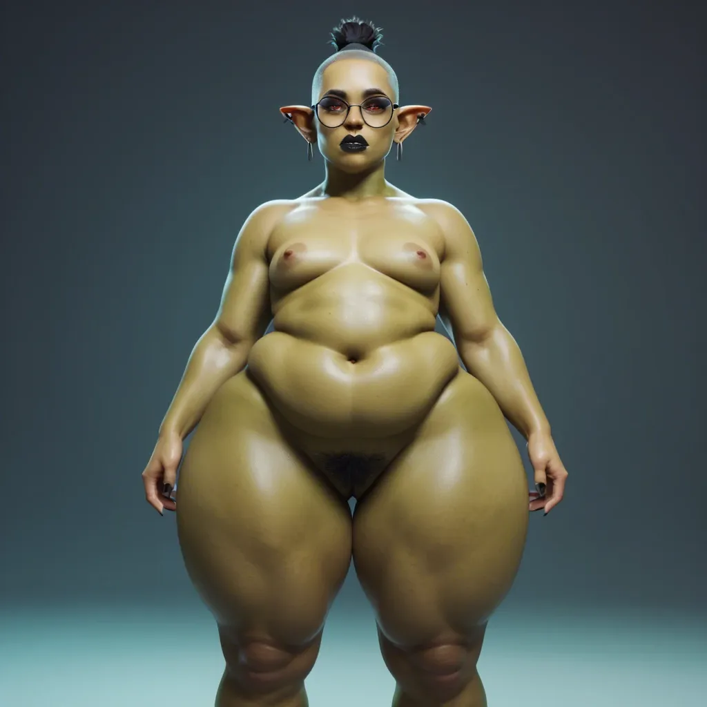 3d, goth goblin, flat chest, hyper lips, obese, round black glasses, dark green skin, red eyes, hyper thighs, naked, black lipstick, pubic hair, black half shaved head