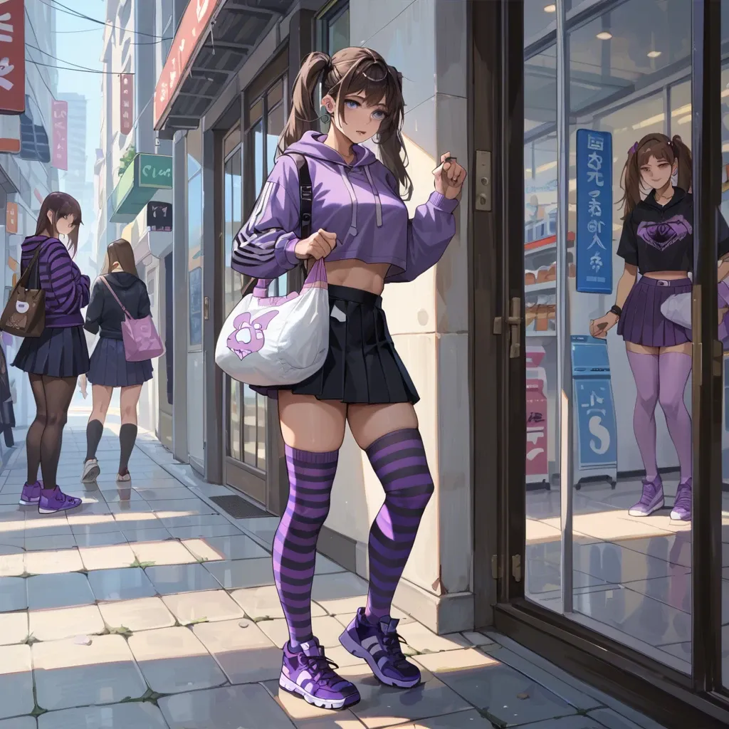 Futanari, cute, long brown hair pigtails, blue eyes, tattoos, piercings, cropped purple stripes hoodie, black and purple pleated skirt, purple striped diaper under skirt, purple striped thighhighs, purple sneakers, diaper bag, public,