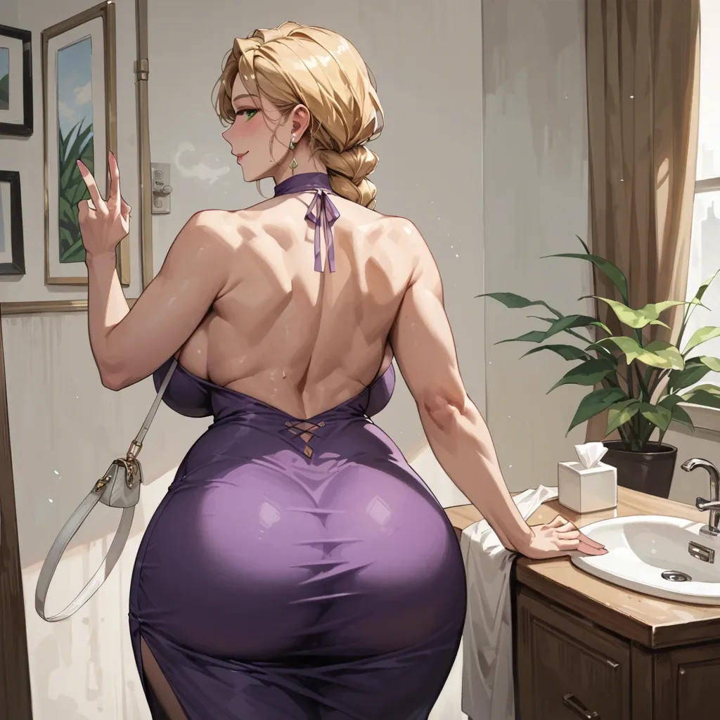 Korean milf, side braid, blonde, green eyes, massive breasts, wide hips, big thighs, purple dress, back view, smiling, white purse, bye bye gesture, standing, leaving, massage parlor