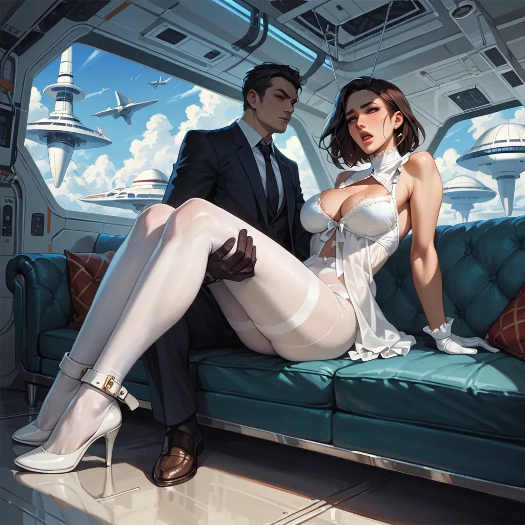 1girl,1boy, , , , lips,wrists,cleavage cutout,from waist up,stand, nightgown,white pantyhose,white gloves,undersized bra,heels, sit on a couch, restrained, spaceship, fucked in bed, blue collar, detailed art, bright light, ariel waifu, missionary