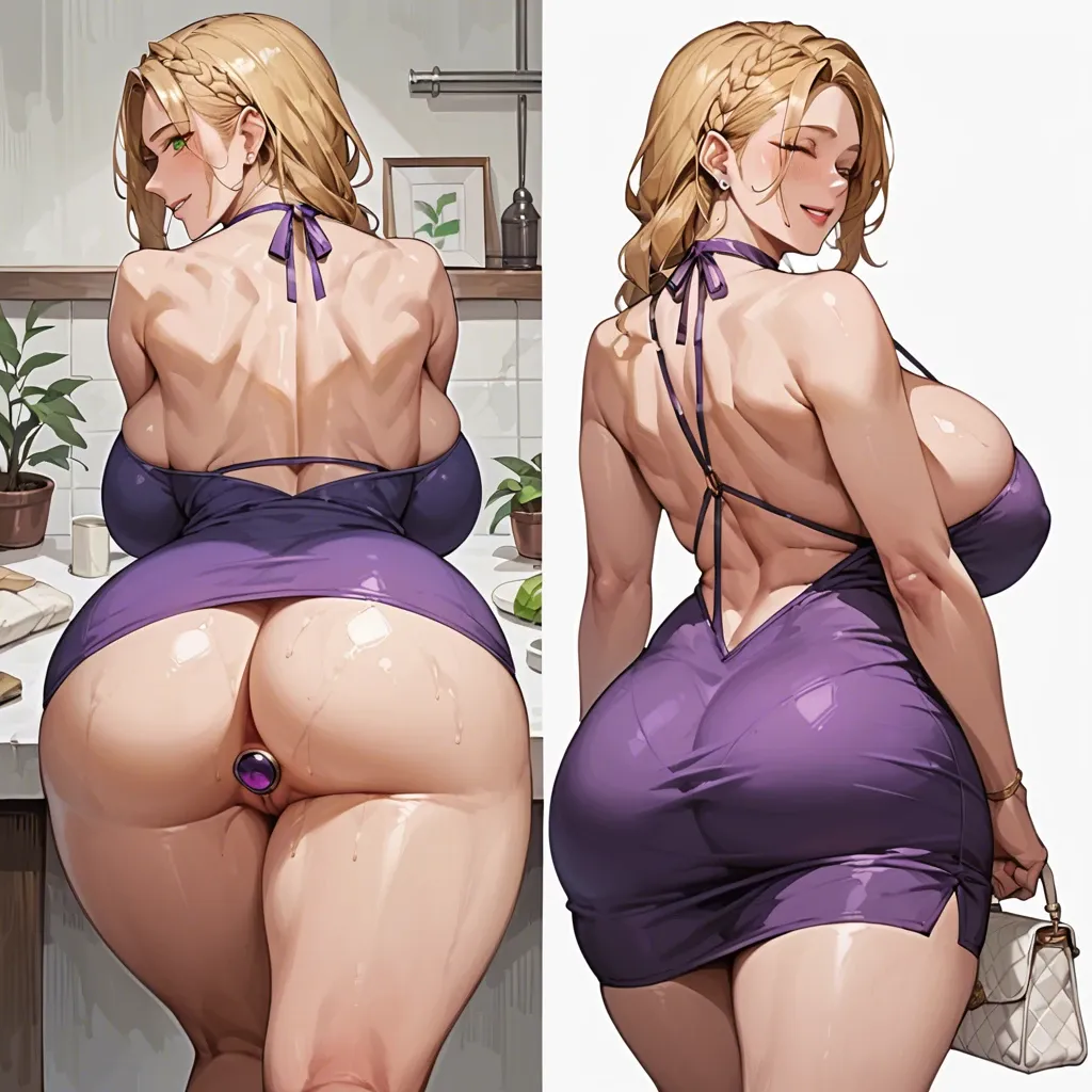 Korean milf, side braid, blonde, green eyes, massive breasts, wide hips, big thighs, purple mini dress, back view, smiling, wink, white purse, standing, leaving, spreading butt, butt plug, massage parlor