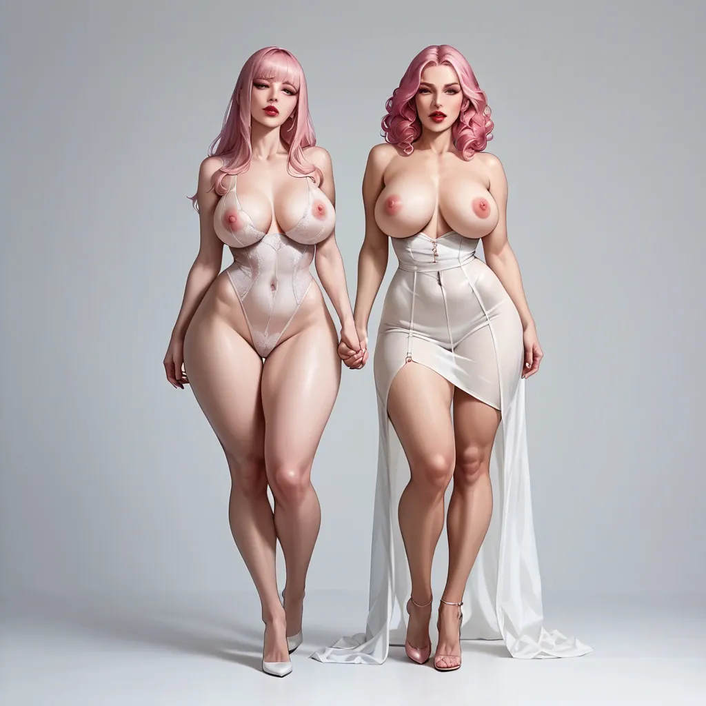 Two curvy big-breasted brunettes with big hips, full-length, pink curls, big thick lips in red lipstick, big long pink nipples, standing in a depraved pose holding hands, in a white transparent silk chemise, pink silk micro skirt, white transparent stockings, a panoramic window with a view of the mountains from behind. Ultra realistic 3d